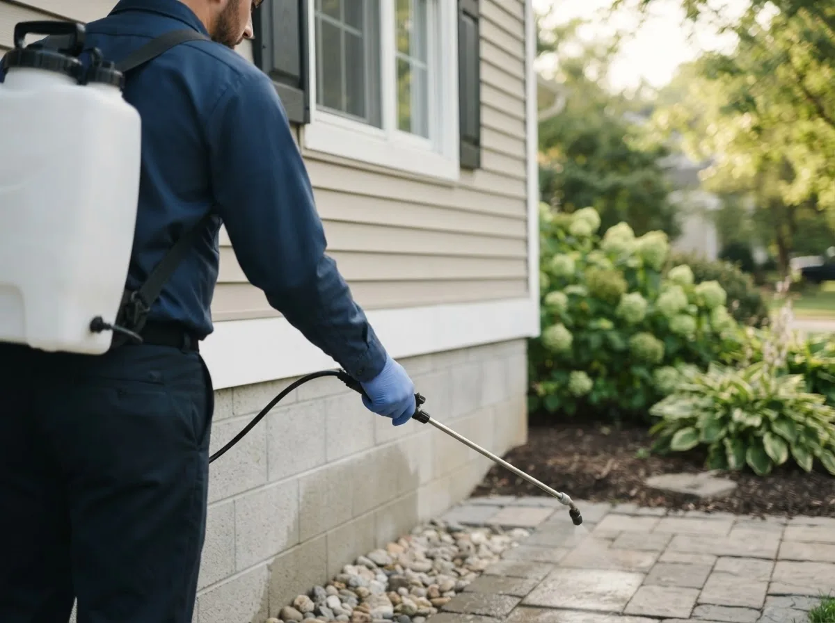 Pest control technician inspecting a home in Hallsville, MO